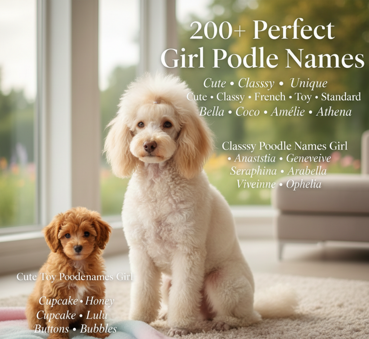  Apricot toy poodle puppy with cute girl poodle names like Muffin, Pixie and Cupcake on the image.