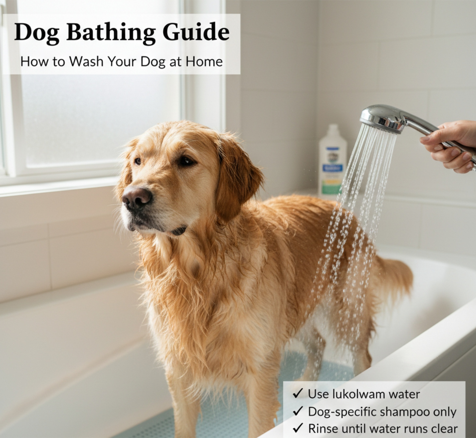 Step-by-step infographic showing how to wash your dog at home safely including water temperature, shampoo application, rinsing, and drying techniques.