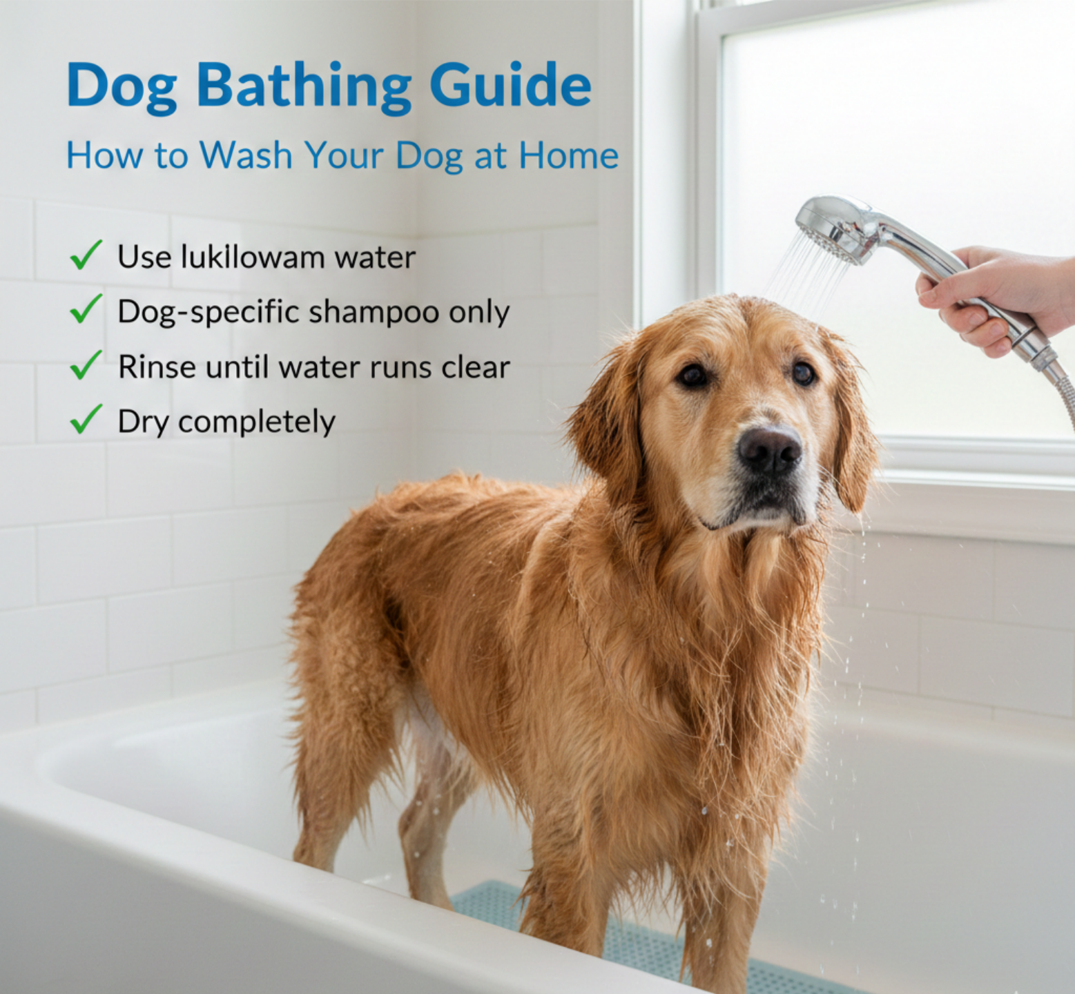  Dog being washed safely in walk in shower without bathtub at home.