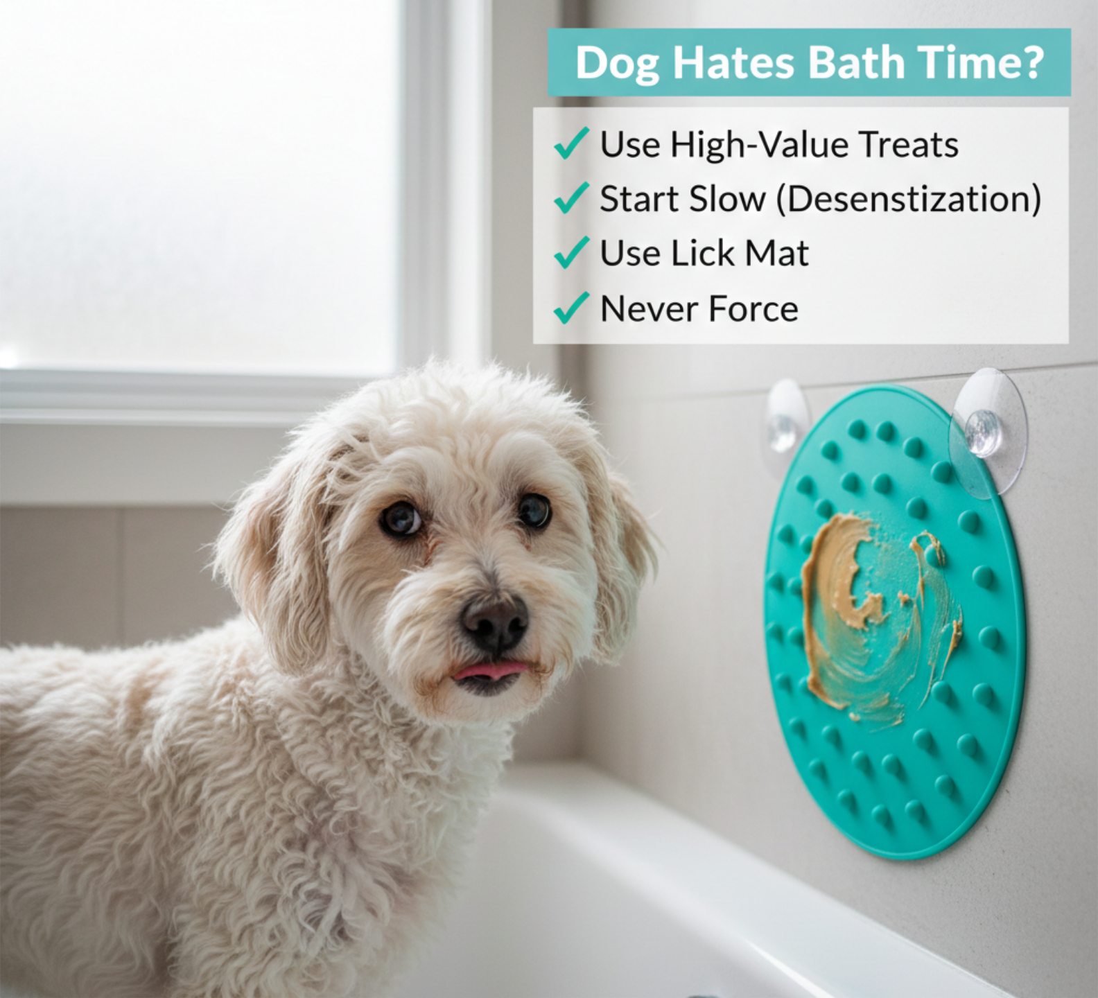   Curly coated dog distracted with lick mat during bath time training.