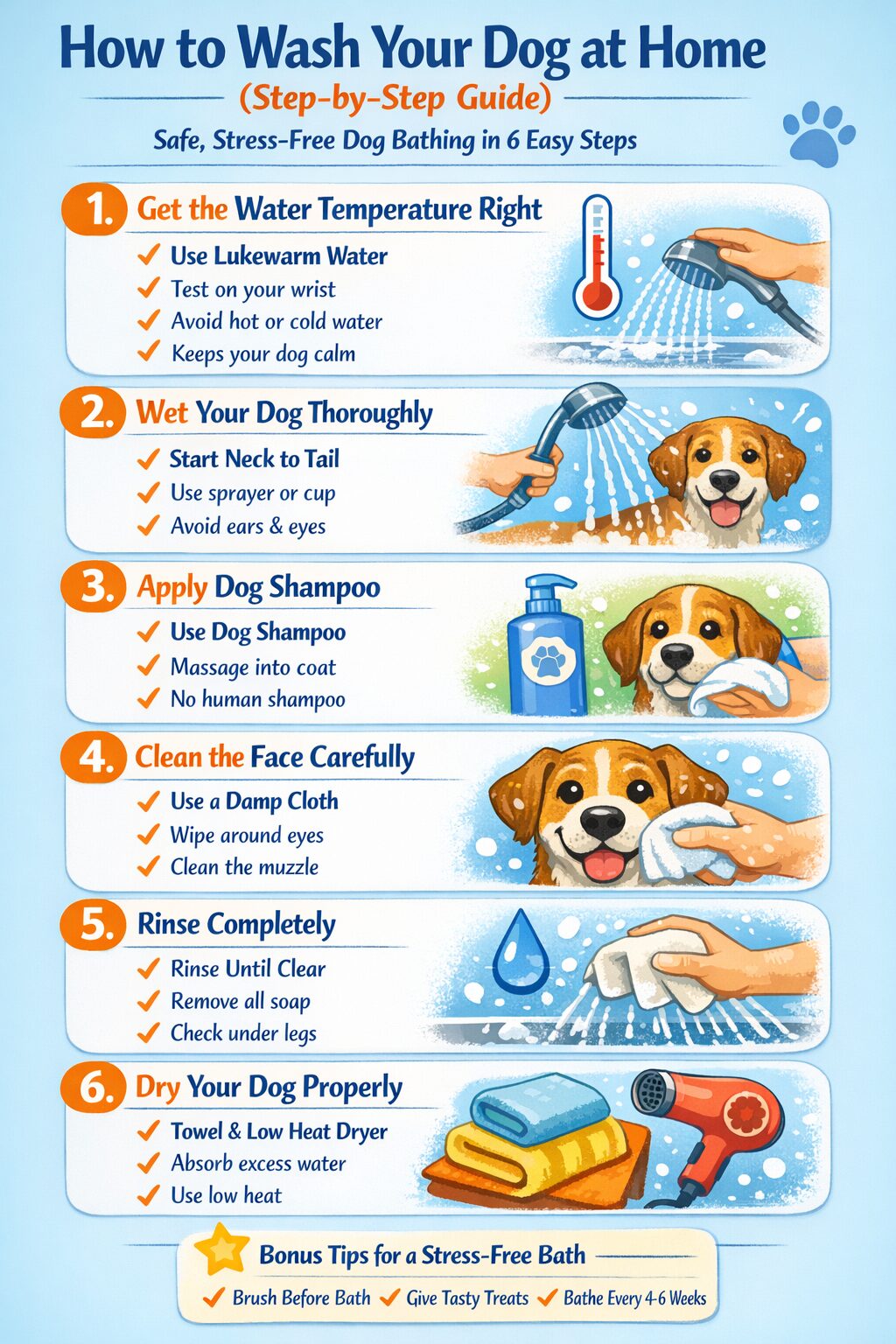 Step-by-step infographic showing how to wash your dog at home safely including water temperature, shampoo application, rinsing, and drying techniques.