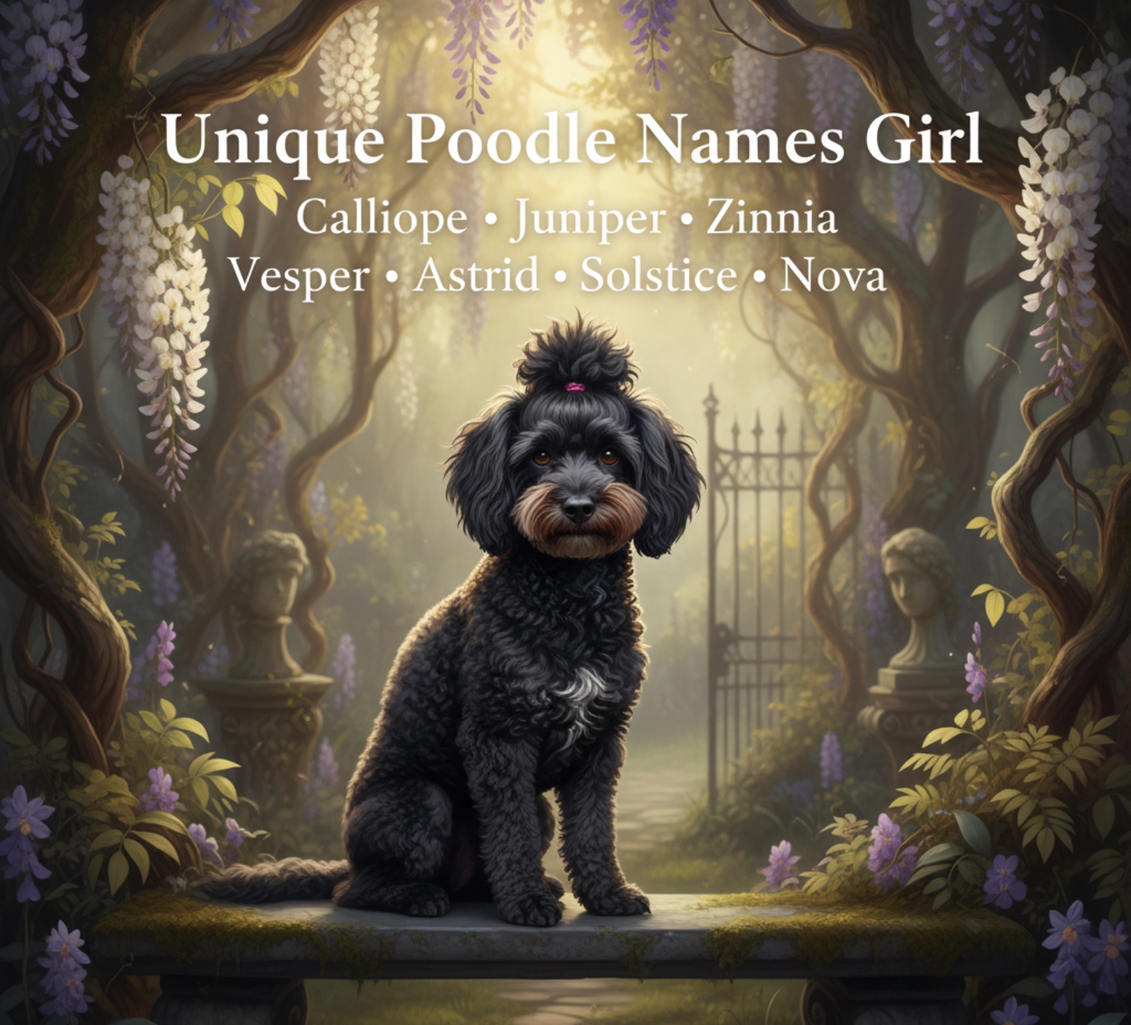   Elegant white poodle with French girl poodle names like Amélie, Giselle and Jolie displayed.