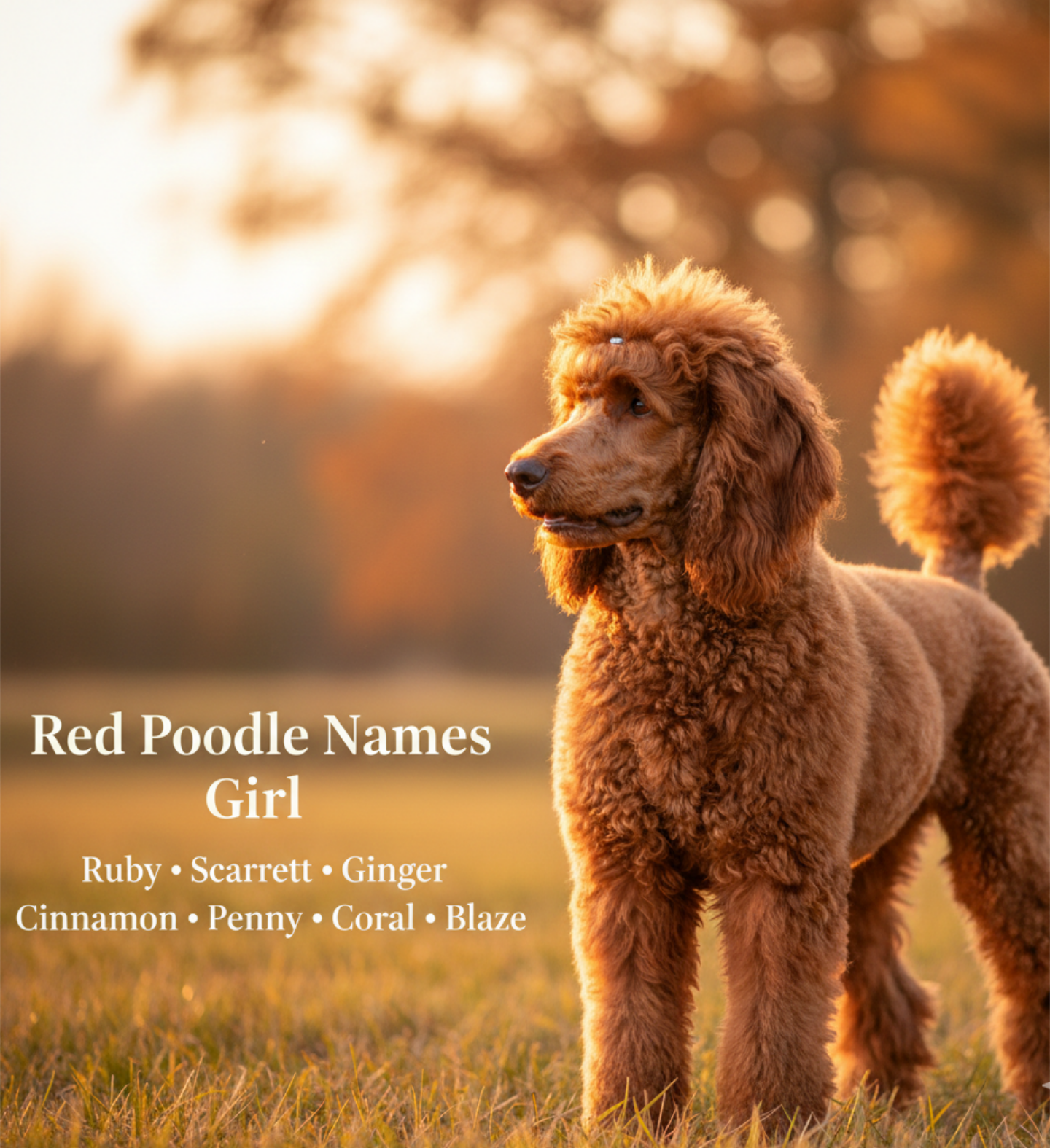   Red standard poodle with red girl poodle names like Ruby, Scarlett and Cinnamon.