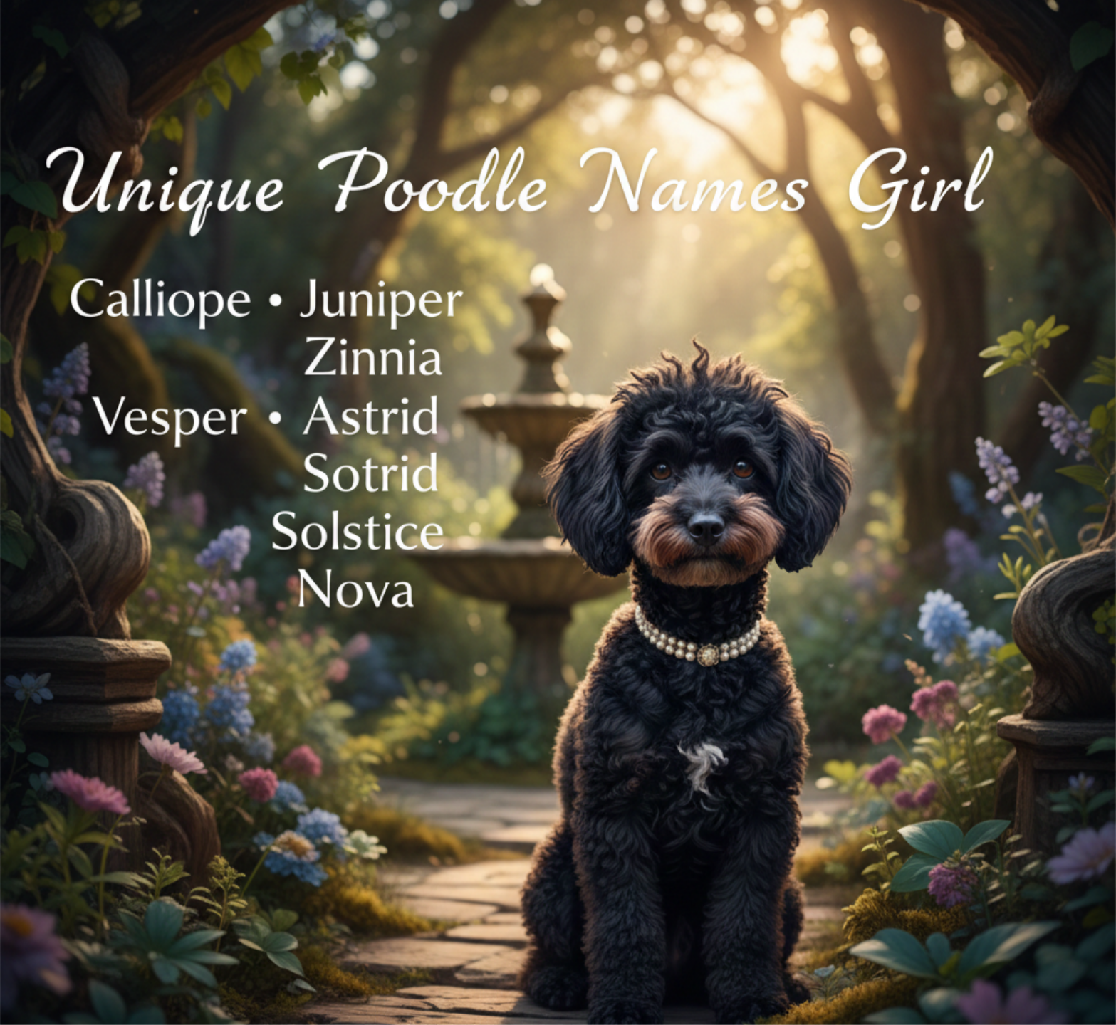   Black miniature poodle with unique girl poodle names including Calliope, Juniper and Nova.